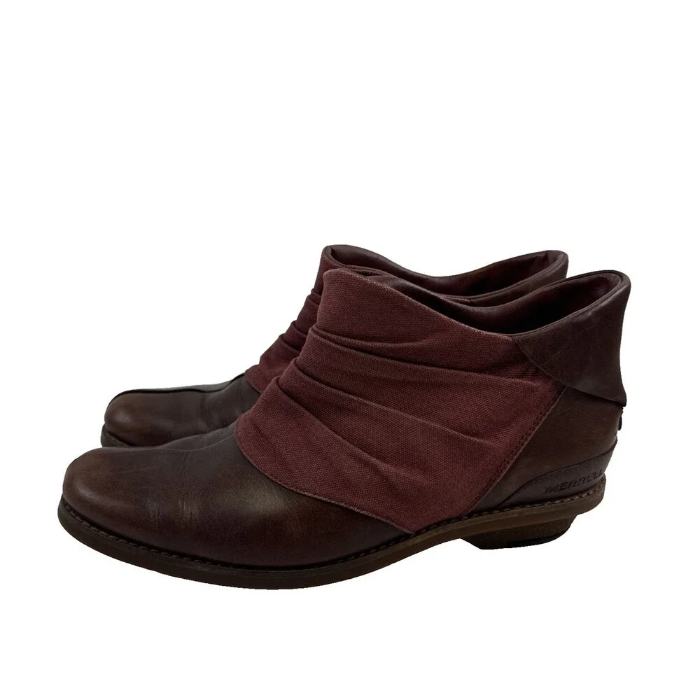 Merrell Adaline Bluff Bootie Maroon Leather Ruched Ankle Pull On Boot Womens 8.5